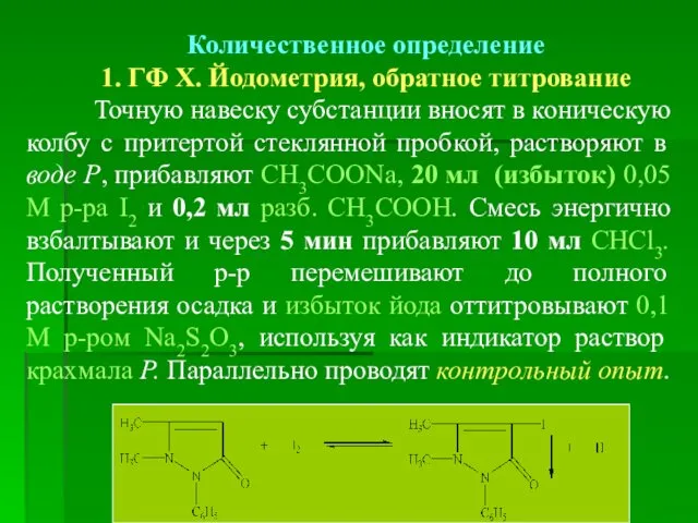 Количественное определение 1. ГФ Х. Йодометрия, обратное титрование Точную навеску