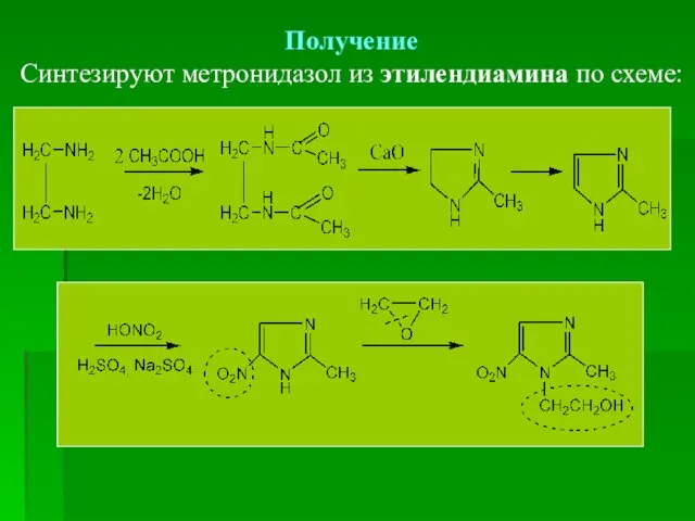 Получение Синтезируют метронидазол из этилендиамина по схеме: