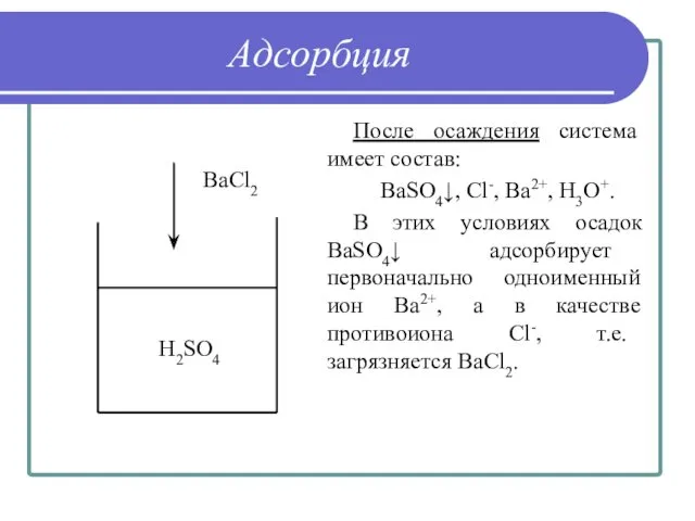 Адсорбция После осаждения система имеет состав: BaSO4↓, Cl-, Ba2+, H3O+.