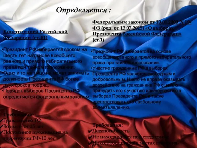 Определяется : Конституцией Российской Федарации (ст. 81) Президент РФ избирается