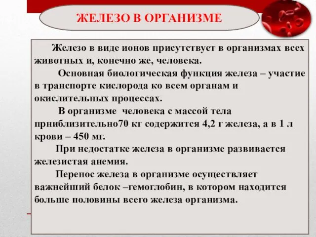 ЖЕЛЕЗО В ОРГАНИЗМЕ Железо в виде ионов присутствует в организмах