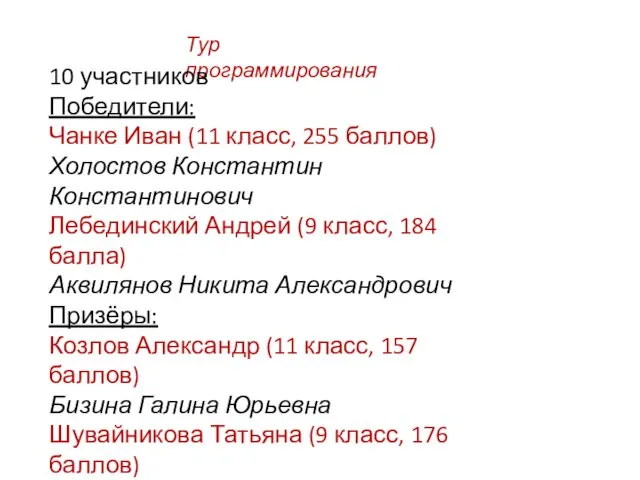 Тур программирования 10 участников Победители: Чанке Иван (11 класс, 255