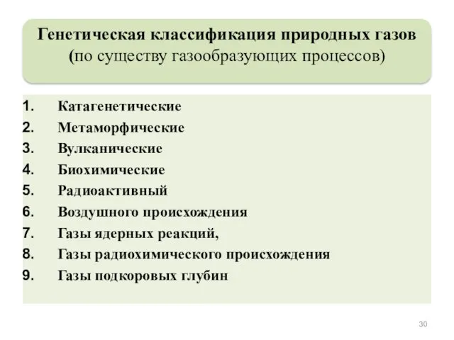 Катагенетические Метаморфические Вулканические Биохимические Радиоактивный Воздушного происхождения Газы ядерных реакций,