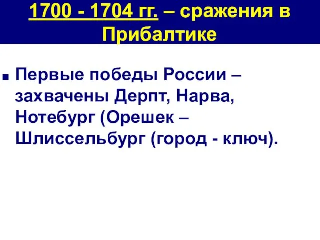 Первые победы России – захвачены Дерпт, Нарва, Нотебург (Орешек –