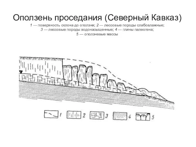 Оползень проседания (Северный Кавказ) 1 — поверхность склона до оползня; 2 — лессовые