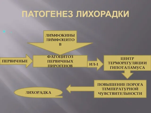 ПАТОГЕНЕЗ ЛИХОРАДКИ . ПЕРВИЧНЫЕ ФАГОЦИТОЗ ПЕРВИЧНЫХ ПИРОГЕНОВ ИЛ-1 ЛИМФОКИНЫ ЛИМФОЦИТОВ