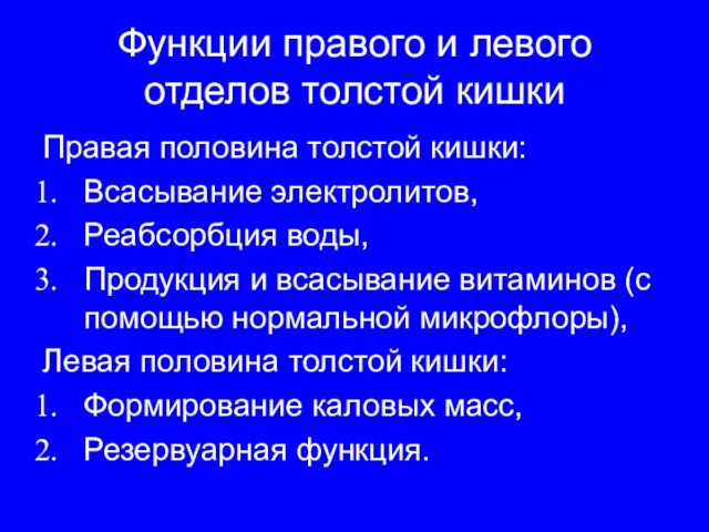 Функции правого и левого отделов толстой кишки Правая половина толстой