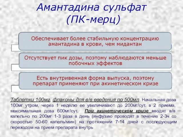 Амантадина сульфат (ПК-мерц) Таблетки 100мг, флаконы для в/в введения по