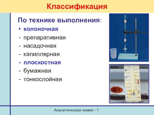 Аналитическая химия - 1 Классификация По технике выполнения: колоночная препаративная насадочная капиллярная плоскостная бумажная тонкослойная