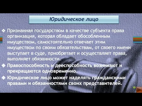 Юридическое лицо Признанная государством в качестве субъекта права организация, которая