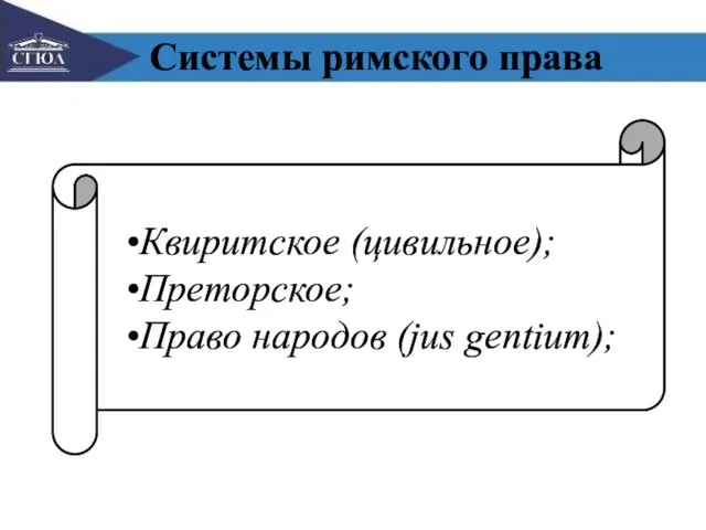 Системы римского права Квиритское (цивильное); Преторское; Право народов (jus gentium);