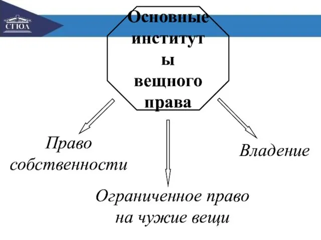 Основные институты вещного права Право собственности Владение Ограниченное право на чужие вещи