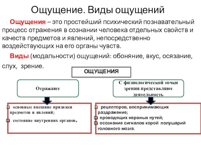 Ощущение. Виды ощущений Ощущения – это простейший психический познавательный процесс