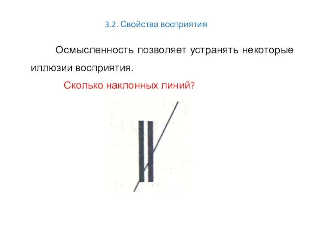 3.2. Свойства восприятия Осмысленность позволяет устранять некоторые иллюзии восприятия. Сколько наклонных линий?