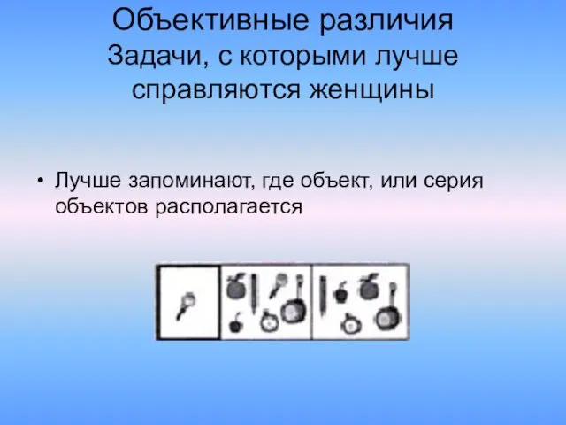 Объективные различия Задачи, с которыми лучше справляются женщины Лучше запоминают, где объект, или серия объектов располагается