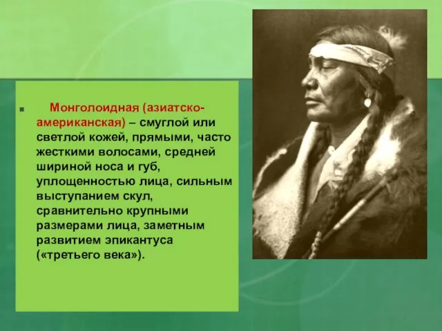 Монголоидная (азиатско-американская) – смуглой или светлой кожей, прямыми, часто жесткими