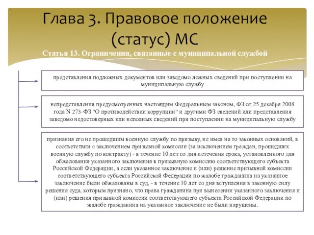 Глава 3. Правовое положение (статус) МС Статья 13. Ограничения, связанные с муниципальной службой