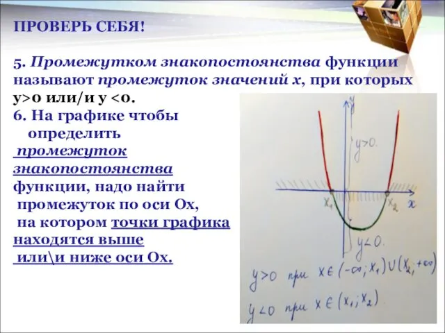 ПРОВЕРЬ СЕБЯ! 5. Промежутком знакопостоянства функции называют промежуток значений х,