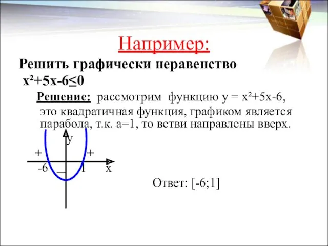 Например: Решить графически неравенство х²+5х-6≤0 Решение: рассмотрим функцию у =