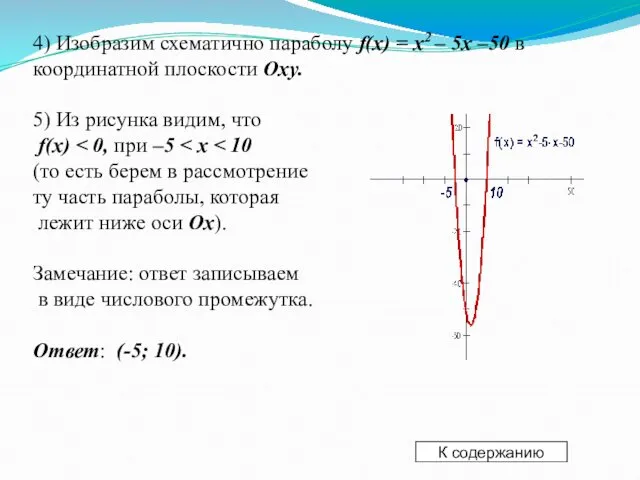 4) Изобразим схематично параболу f(x) = x2 – 5x –50