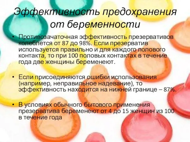 Эффективность предохранения от беременности Противозачаточная эффективность презервативов колеблется от 87