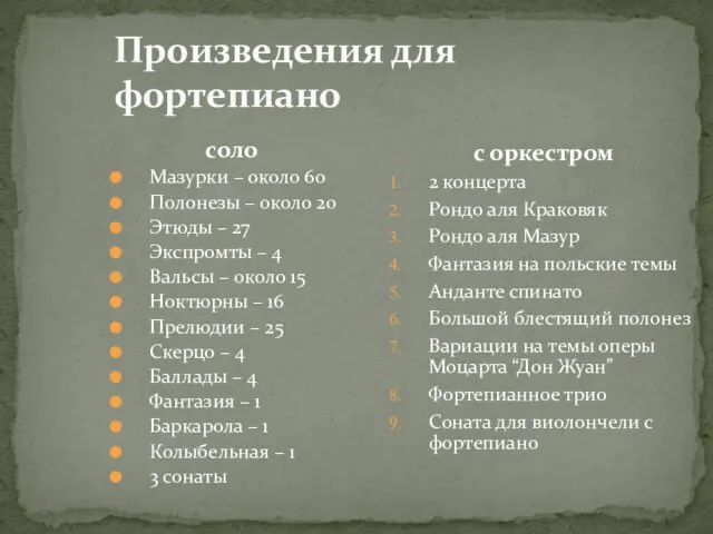 Произведения для фортепиано соло Мазурки – около 60 Полонезы –