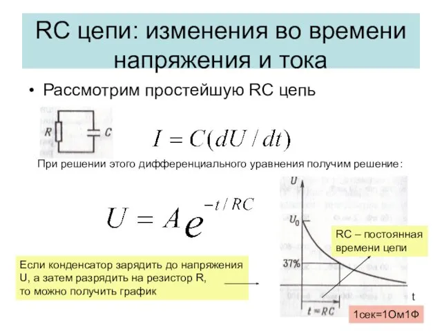 RC цепи: изменения во времени напряжения и тока Рассмотрим простейшую