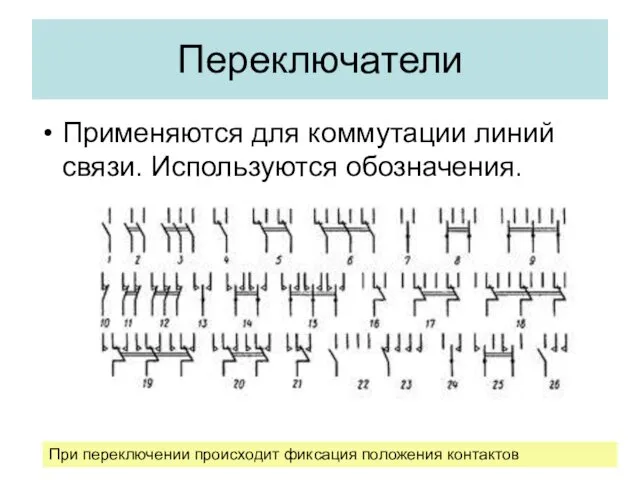 Переключатели Применяются для коммутации линий связи. Используются обозначения. При переключении происходит фиксация положения контактов