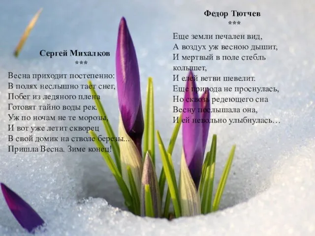 Сергей Михалков *** Весна приходит постепенно: В полях неслышно тает снег, Побег из