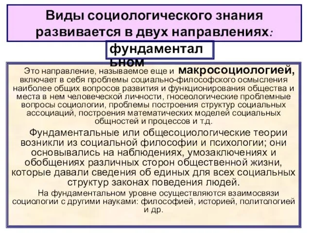 Виды социологического знания развивается в двух направлениях: Это направление, называемое