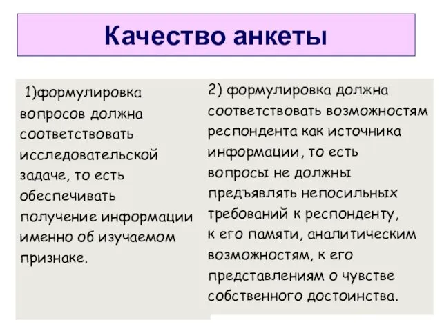 Качество анкеты 1)формулировка вопросов должна соответствовать исследовательской задаче, то есть