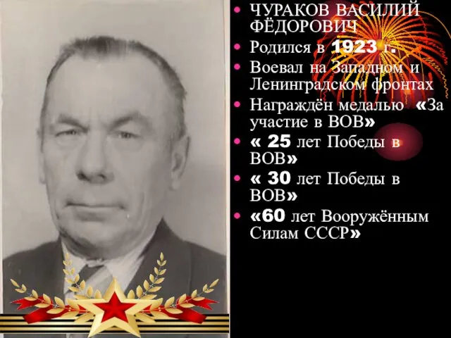 ЧУРАКОВ ВАСИЛИЙ ФЁДОРОВИЧ Родился в 1923 г. Воевал на Западном