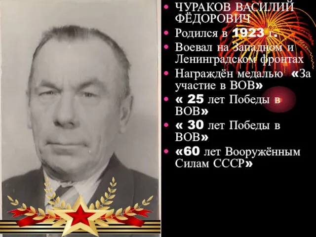 ЧУРАКОВ ВАСИЛИЙ ФЁДОРОВИЧ Родился в 1923 г. Воевал на Западном и Ленинградском фронтах