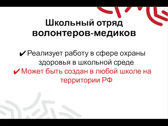 Школьный отряд волонтеров-медиков Реализует работу в сфере охраны здоровья в