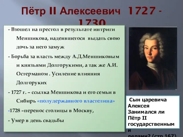 Пётр II Алексеевич 1727 - 1730 - Взошел на престол