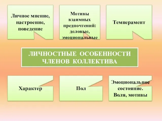 ЛИЧНОСТНЫЕ ОСОБЕННОСТИ ЧЛЕНОВ КОЛЛЕКТИВА Личное мнение, настроение, поведение Мотивы взаимных