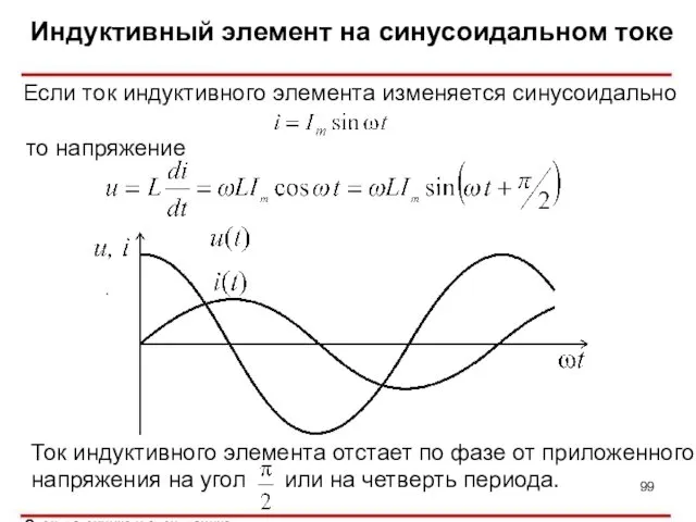 Индуктивный элемент на синусоидальном токе Если ток индуктивного элемента изменяется