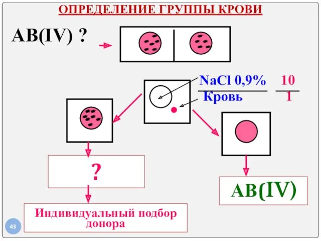 ОПРЕДЕЛЕНИЕ ГРУППЫ КРОВИ АВ(IV) ? NаCl 0,9% 10 Кровь 1 ? АВ(IV) Индивидуальный подбор донора