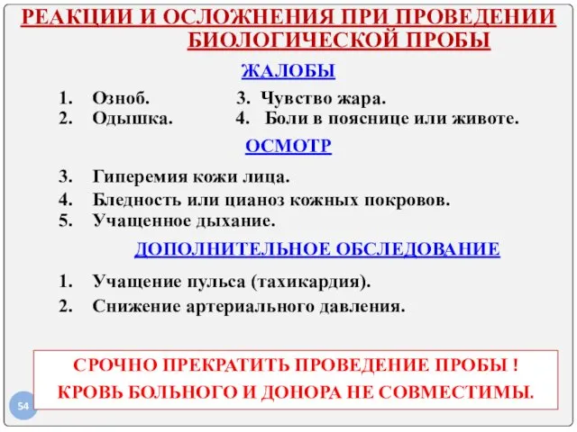 РЕАКЦИИ И ОСЛОЖНЕНИЯ ПРИ ПРОВЕДЕНИИ БИОЛОГИЧЕСКОЙ ПРОБЫ ЖАЛОБЫ Озноб. 3.