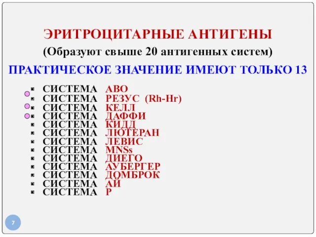 ЭРИТРОЦИТАРНЫЕ АНТИГЕНЫ (Образуют свыше 20 антигенных систем) ПРАКТИЧЕСКОЕ ЗНАЧЕНИЕ ИМЕЮТ