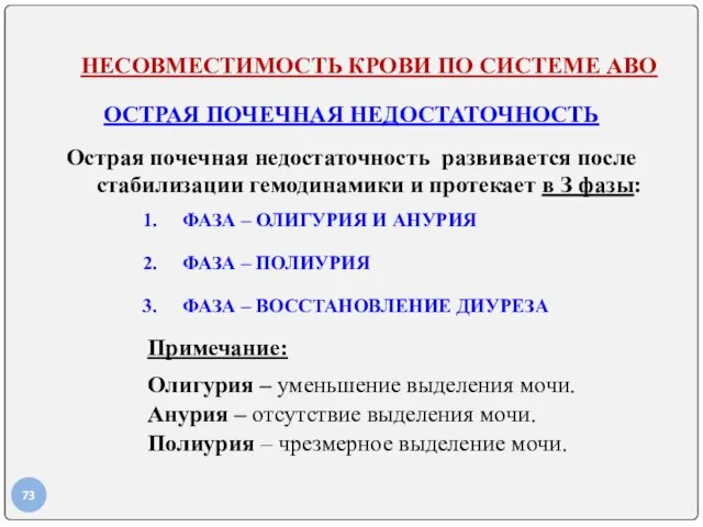 НЕСОВМЕСТИМОСТЬ КРОВИ ПО СИСТЕМЕ АВО ОСТРАЯ ПОЧЕЧНАЯ НЕДОСТАТОЧНОСТЬ Острая почечная