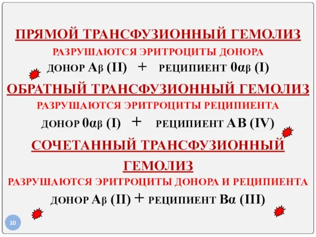 ПРЯМОЙ ТРАНСФУЗИОННЫЙ ГЕМОЛИЗ РАЗРУШАЮТСЯ ЭРИТРОЦИТЫ ДОНОРА ДОНОР Аβ (II) +