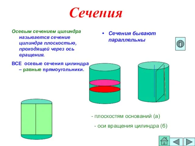 Сечения Осевым сечением цилиндра называется сечение цилиндра плоскостью, проходящей через