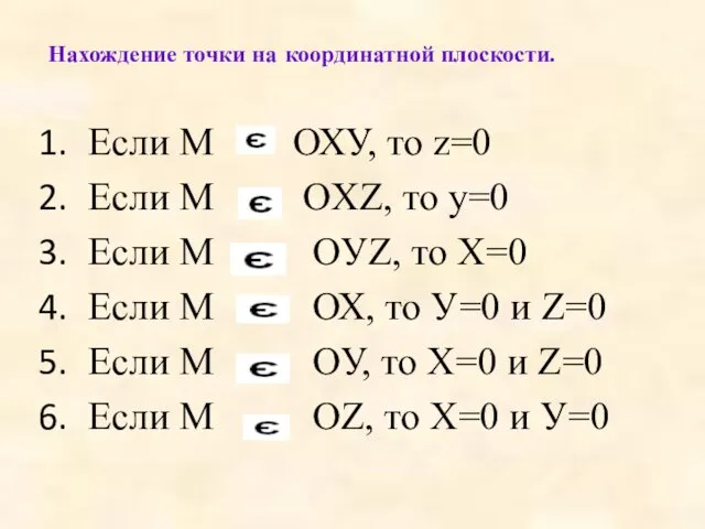 Если М ОХУ, то z=0 Если М OXZ, то у=0 Если М OУZ,