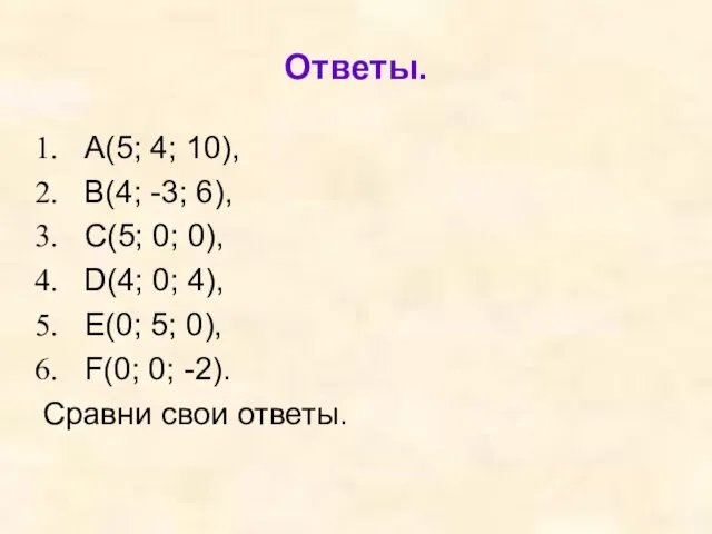 Ответы. A(5; 4; 10), B(4; -3; 6), C(5; 0; 0), D(4; 0; 4),