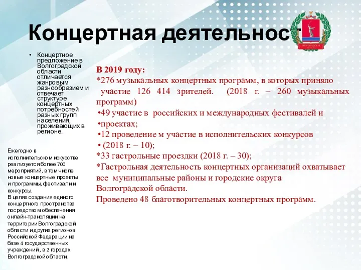 Концертная деятельность Концертное предложение в Волгоградской области отличается жанровым разнообразием