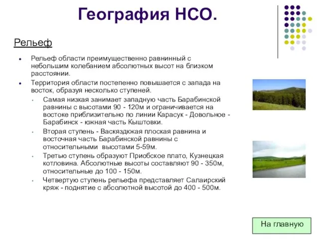 География НСО. Рельеф области преимущественно равнинный с небольшим колебанием абсолютных