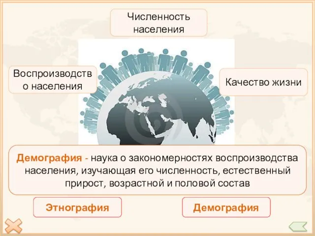 Численность населения Воспроизводство населения Качество жизни Демографическая политика Теория демографического