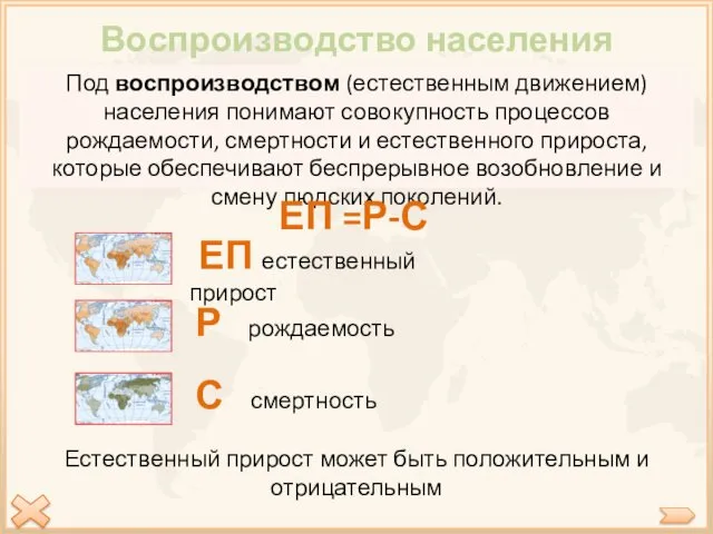 Воспроизводство населения Под воспроизводством (естественным движением) населения понимают совокупность процессов