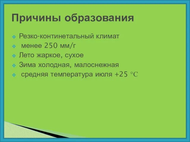 Резко-континетальный климат менее 250 мм/г Лето жаркое, сухое Зима холодная,